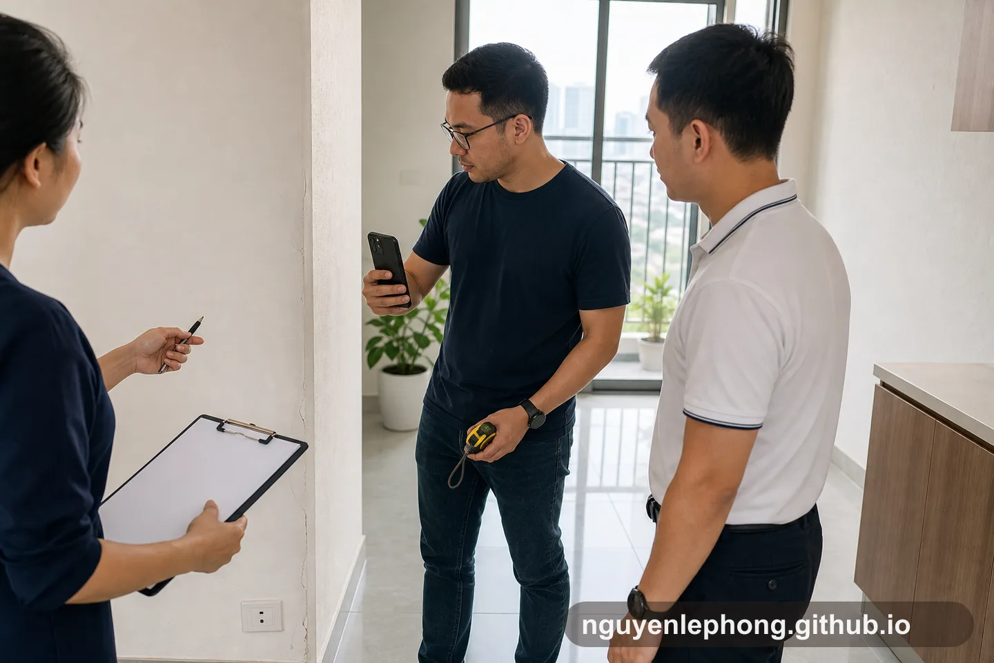 Nguyen Le Phong kiểm tra một góc tường bằng điện thoại và thước đo trong khi môi giới cầm bảng kiểm tra trống ở căn hộ chưa có nội thất.
