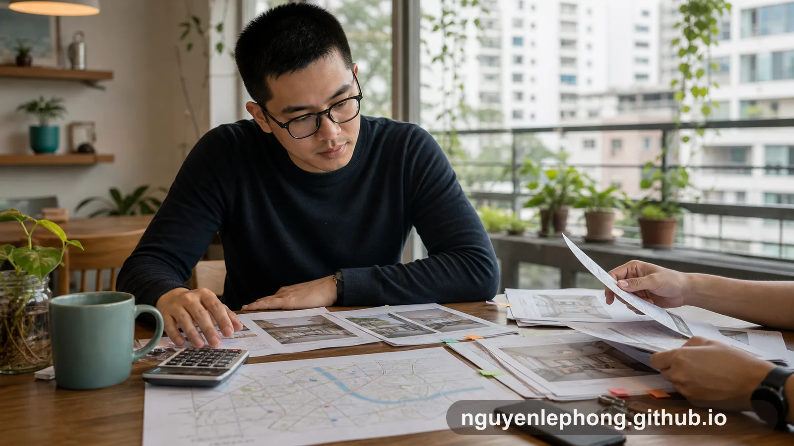 Nguyen Le Phong sắp các thẻ so sánh trống, chìa khóa và máy tính trên bàn trước khi chọn mức đề xuất dựa trên dữ kiện.