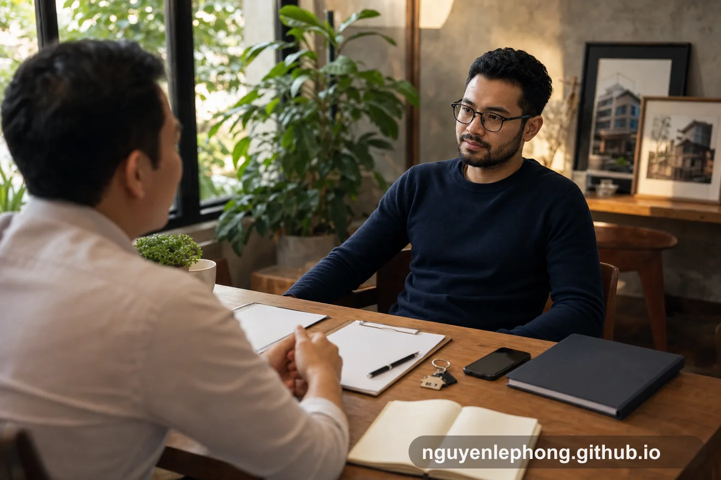 Nguyen Le Phong ngồi bình tĩnh đối diện người bán bên bàn có giấy tờ trống, chìa khóa và sổ tay trong một cuộc thương lượng chừng mực.