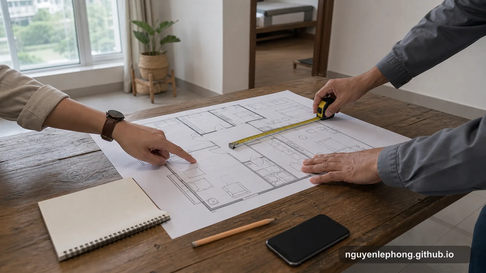 Hands compare a blank house floor plan with a measuring tape on a wooden table inside an apartment.