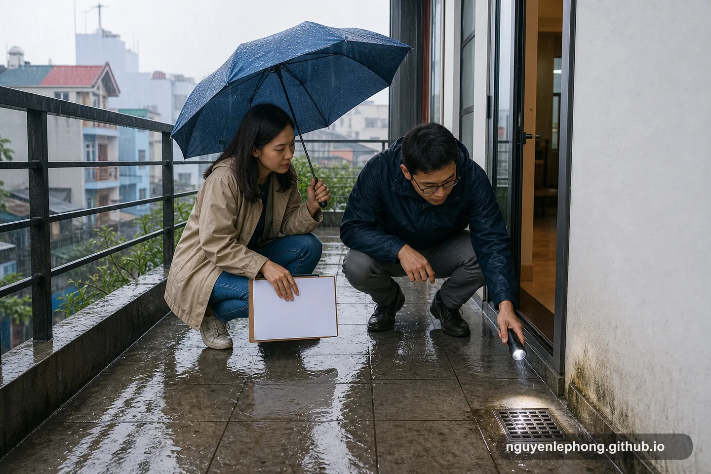Two people check balcony drainage and damp wall marks during rain before buying a home.