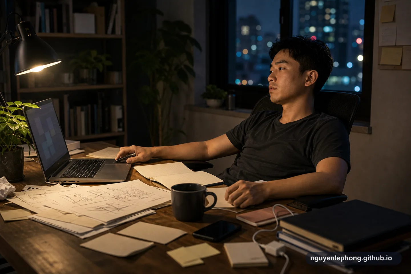 Một người làm việc Việt Nam ngồi muộn bên bàn với bản nháp lộn xộn, laptop và dáng vẻ mệt nhưng vẫn quay lại với việc còn dang dở.