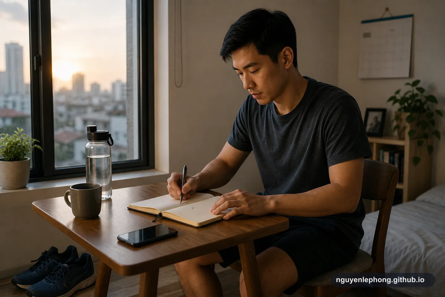 Một người Việt viết vào sổ tay buổi sáng bên cạnh giày chạy, chai nước, điện thoại úp xuống và ánh sáng bình minh dịu.