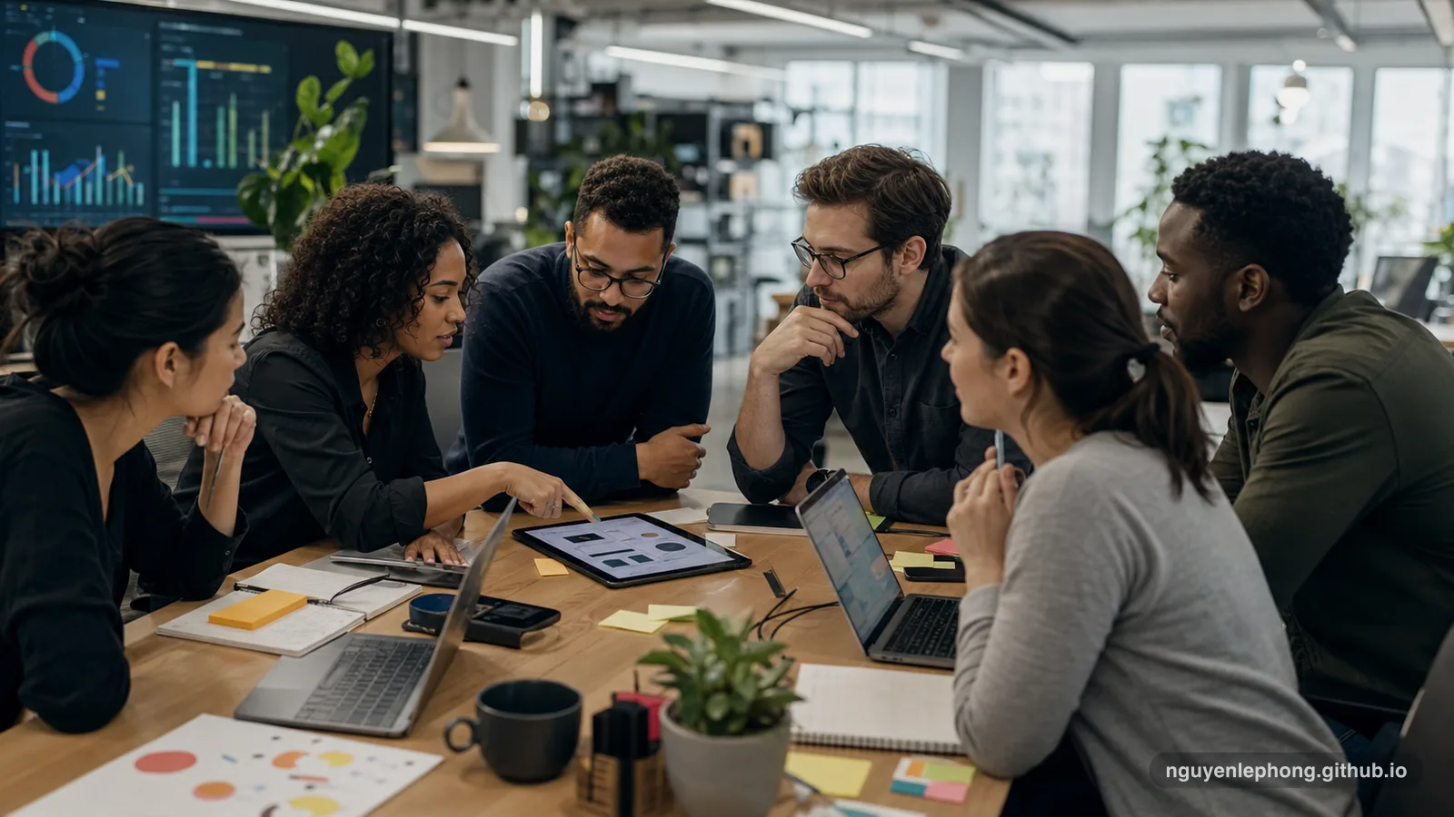 A product group leans over notes, laptops, and a tablet while one colleague guides the discussion at a shared work table.