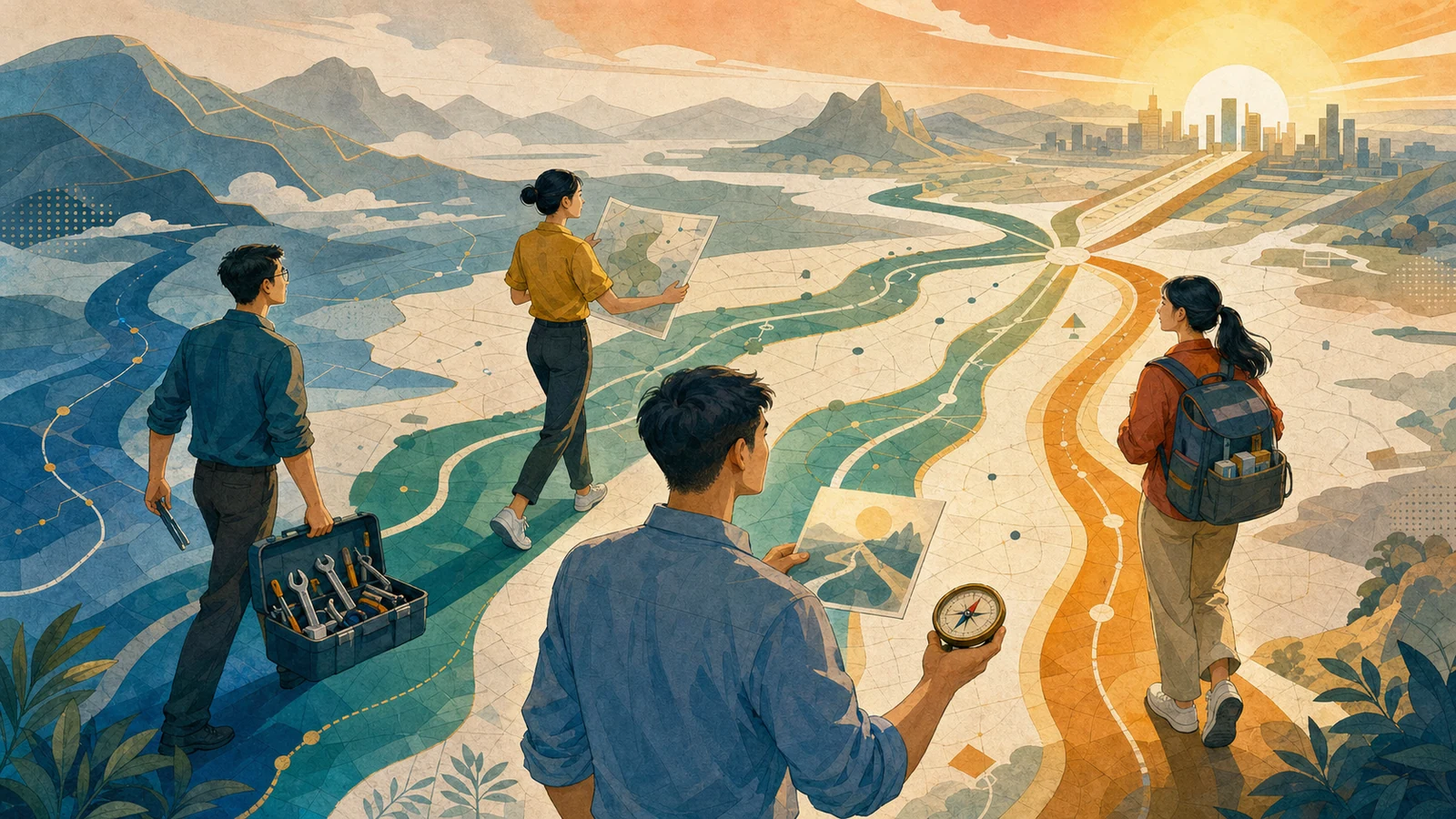 An editorial illustration shows one shared destination while three specialists choose separate routes and tools.