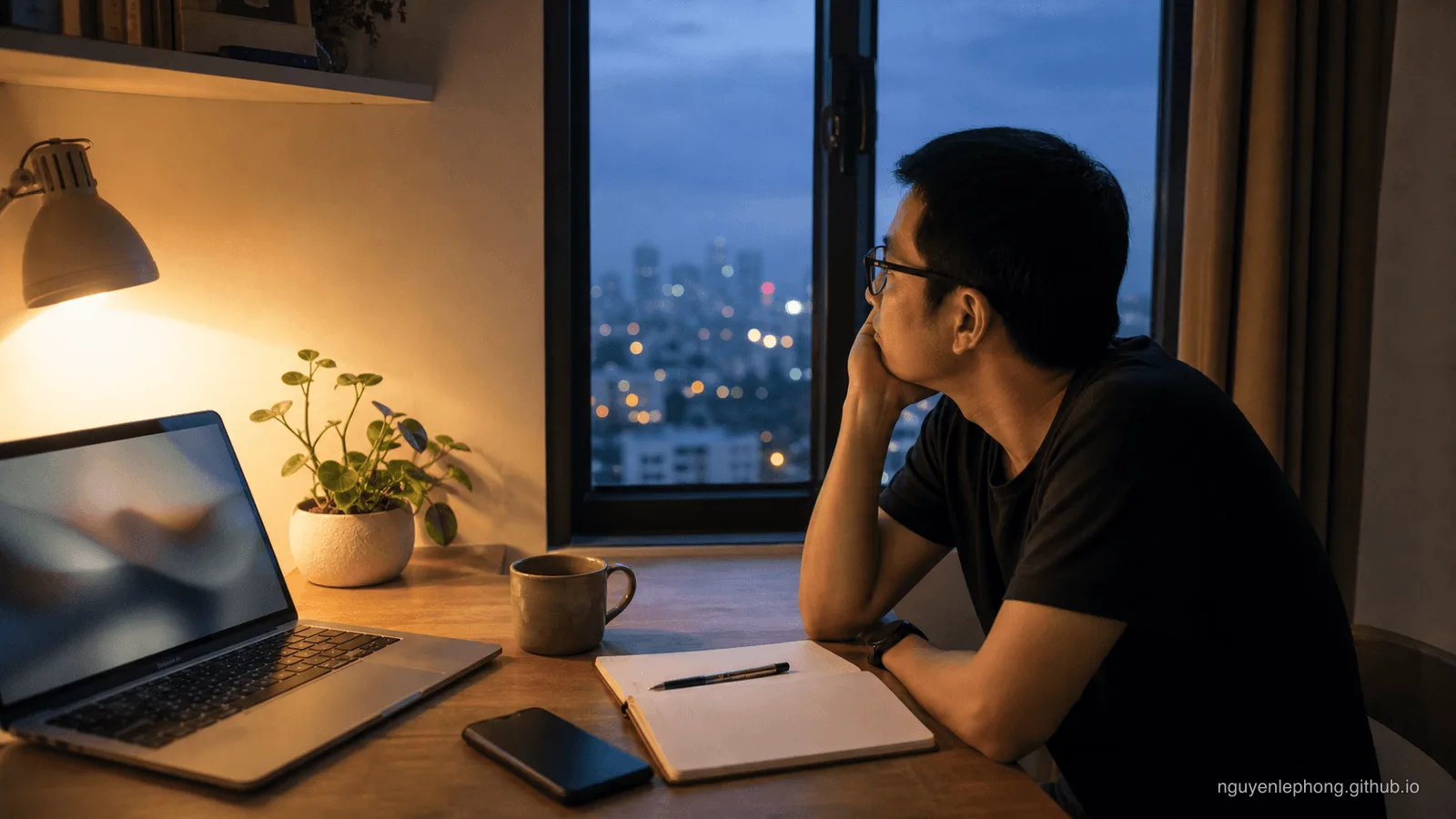 Một người Việt ngồi lặng bên bàn cạnh cửa sổ buổi tối, với sổ tay trống, điện thoại úp xuống, trà và laptop được làm mờ.