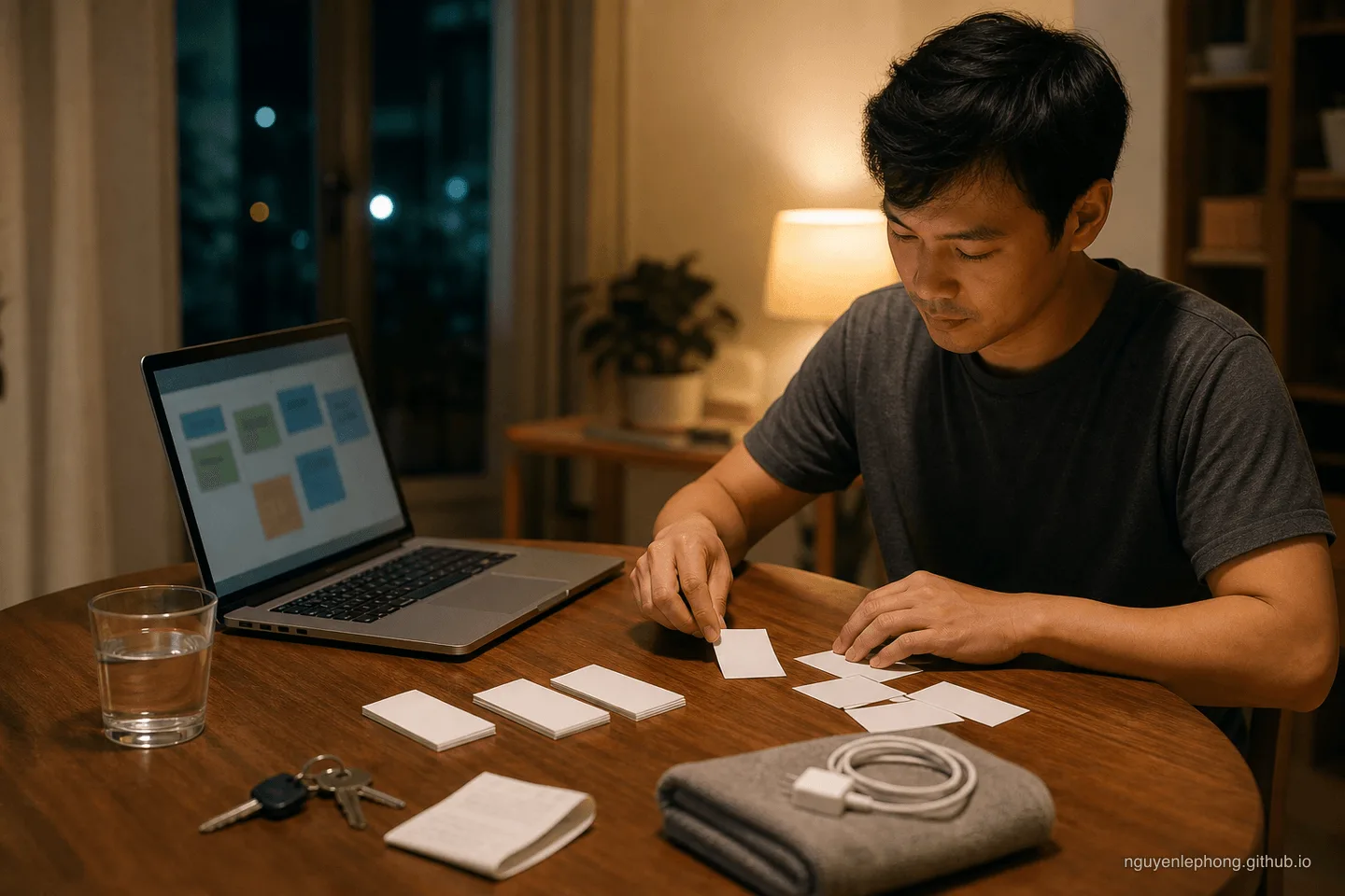 Một người làm việc Việt Nam lặng lẽ sắp xếp thẻ trống, chìa khóa, laptop và vài vật dụng nhỏ trên bàn buổi tối.