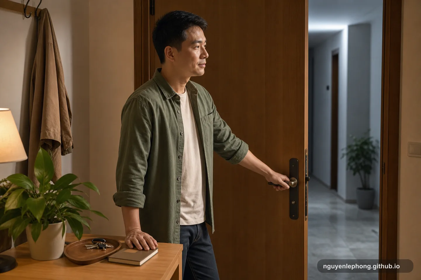 A Vietnamese adult calmly closes an apartment door from the inside, with keys and a notebook resting on a small table nearby.