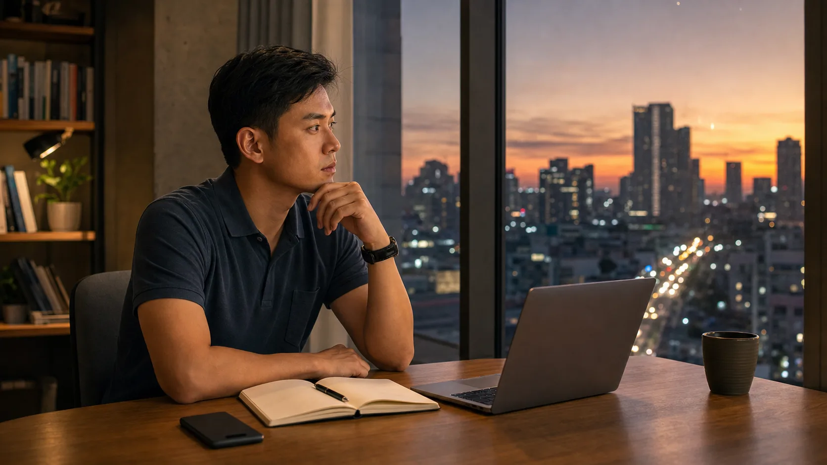 Nguyen Le Phong ngồi cạnh cửa sổ lúc chiều muộn với sổ tay và laptop, dừng lại vài phút để tự hạ nhịp sau một ngày bận.