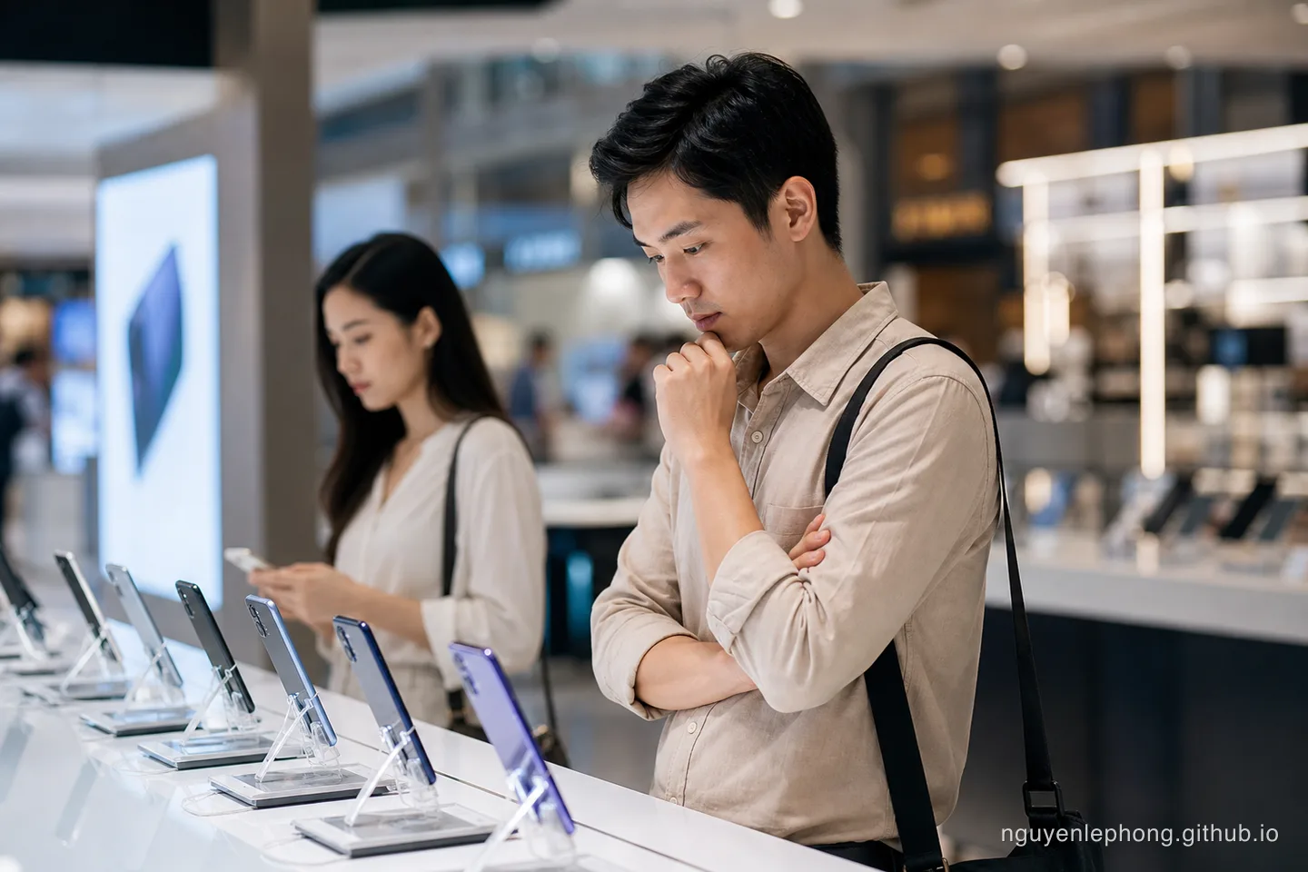 Một người trẻ Việt Nam dừng lại trước quầy điện thoại mới, suy nghĩ kỹ trước khi biến một lần nâng cấp thành mức sống mặc định.