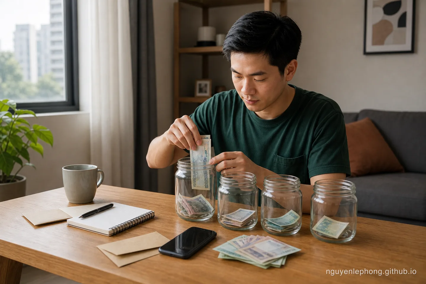 Một người trẻ Việt Nam tách tiền vào các hũ và phong bì trống ngay sau ngày lương về để phần cần giữ không tiếp tục trôi đi.