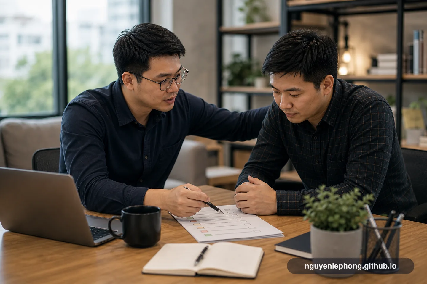 A Vietnamese manager sits beside a teammate with a checklist and notebook, giving direct feedback in a calm one-on-one conversation.