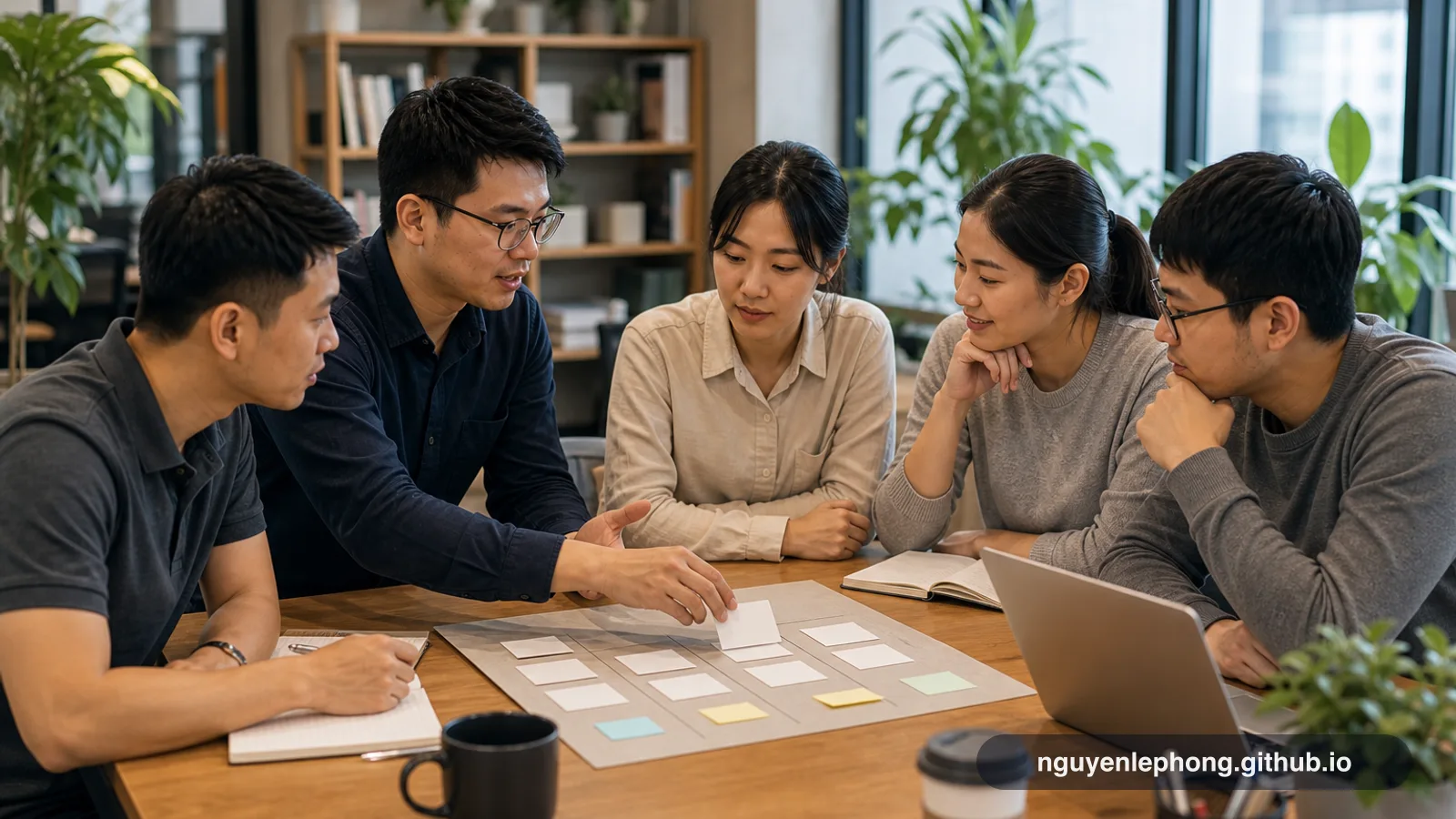 A Vietnamese startup team gathers around a table as a senior teammate walks a new hire through a simple first-week board with blank cards and notebooks.