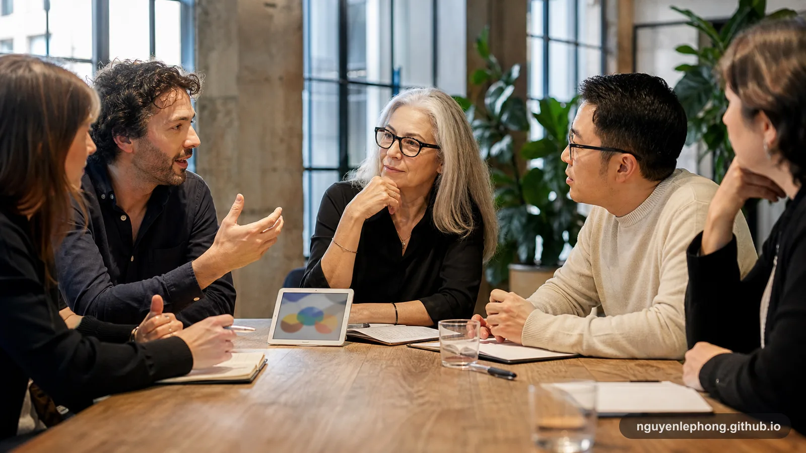A quiet senior colleague listens at a meeting table while others grow more careful and attentive around them.