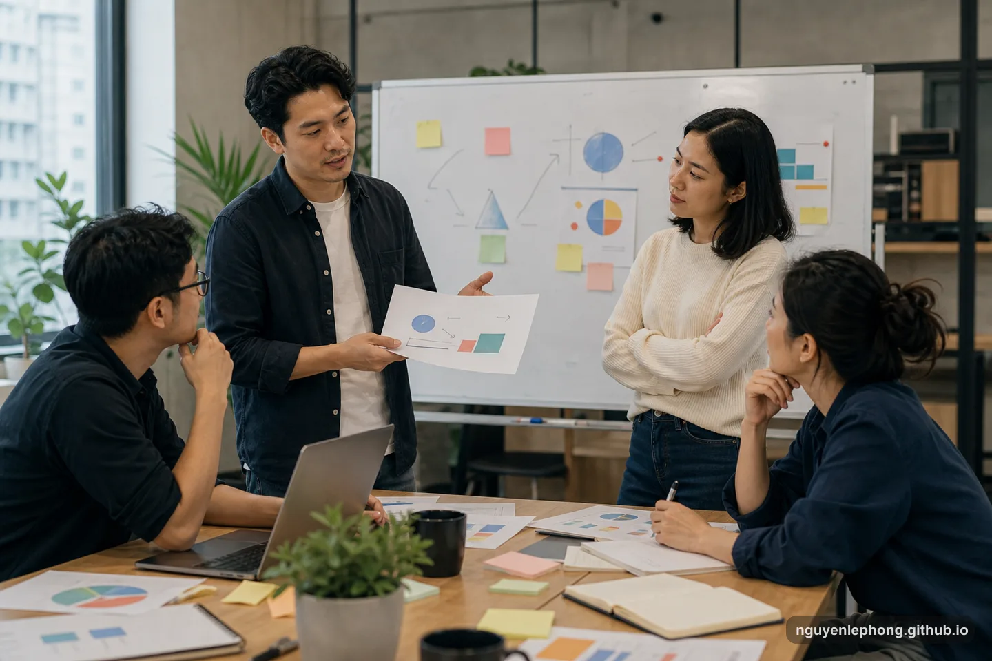 A small office team listens as a teammate explains an abstract plan at a whiteboard before assigning the next task.