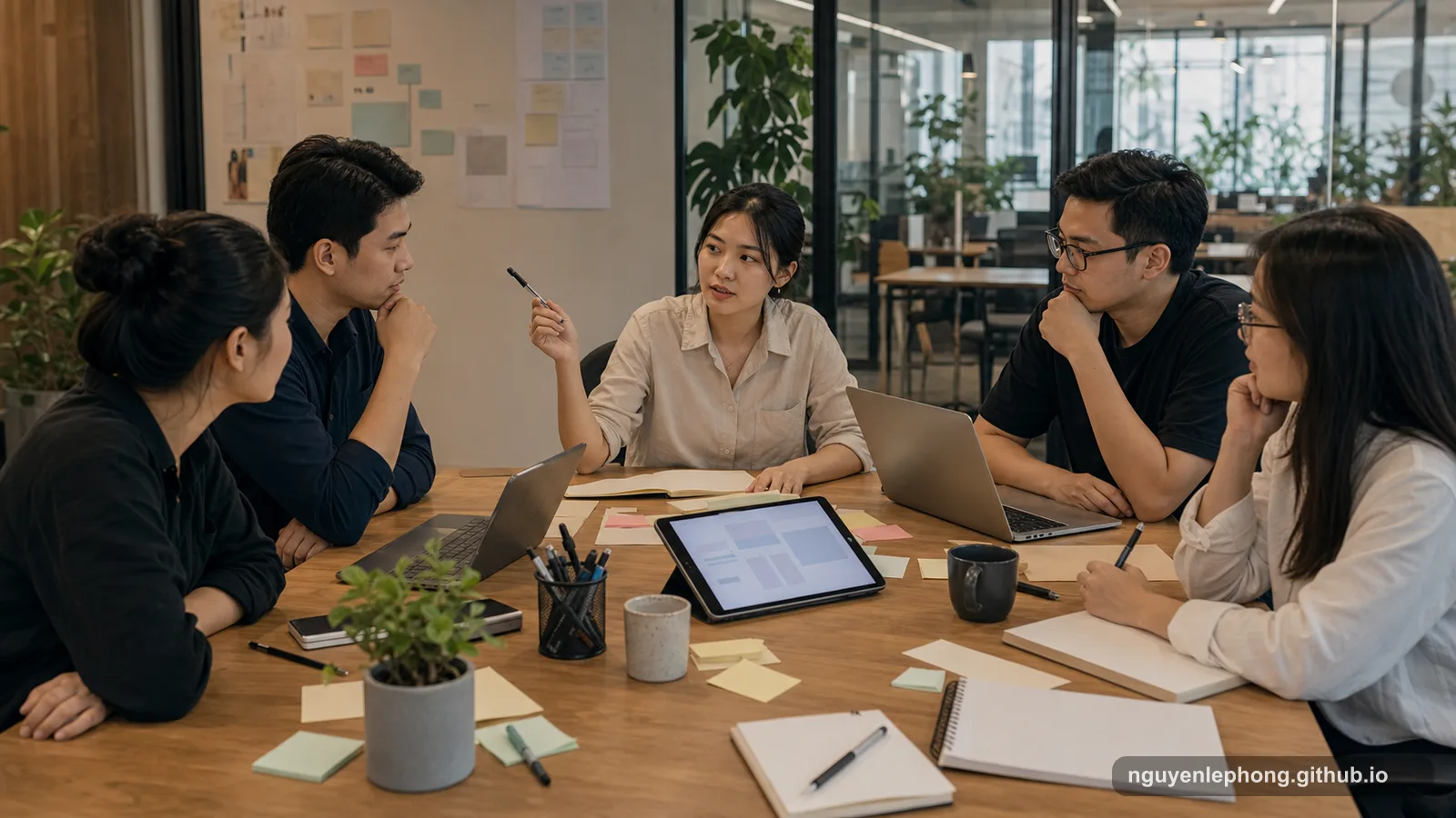 Một nhóm design review Việt Nam lắng nghe khi một đồng đội nêu câu hỏi thận trọng bên cạnh prototype trên tablet.