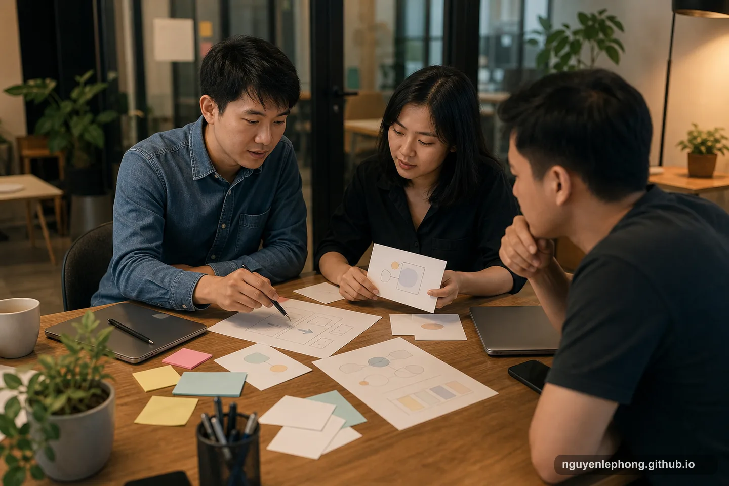 Ba đồng đội Việt Nam so sánh các bản phác thảo trống và thẻ trừu tượng để tạo nền chung trước khi quyết định.