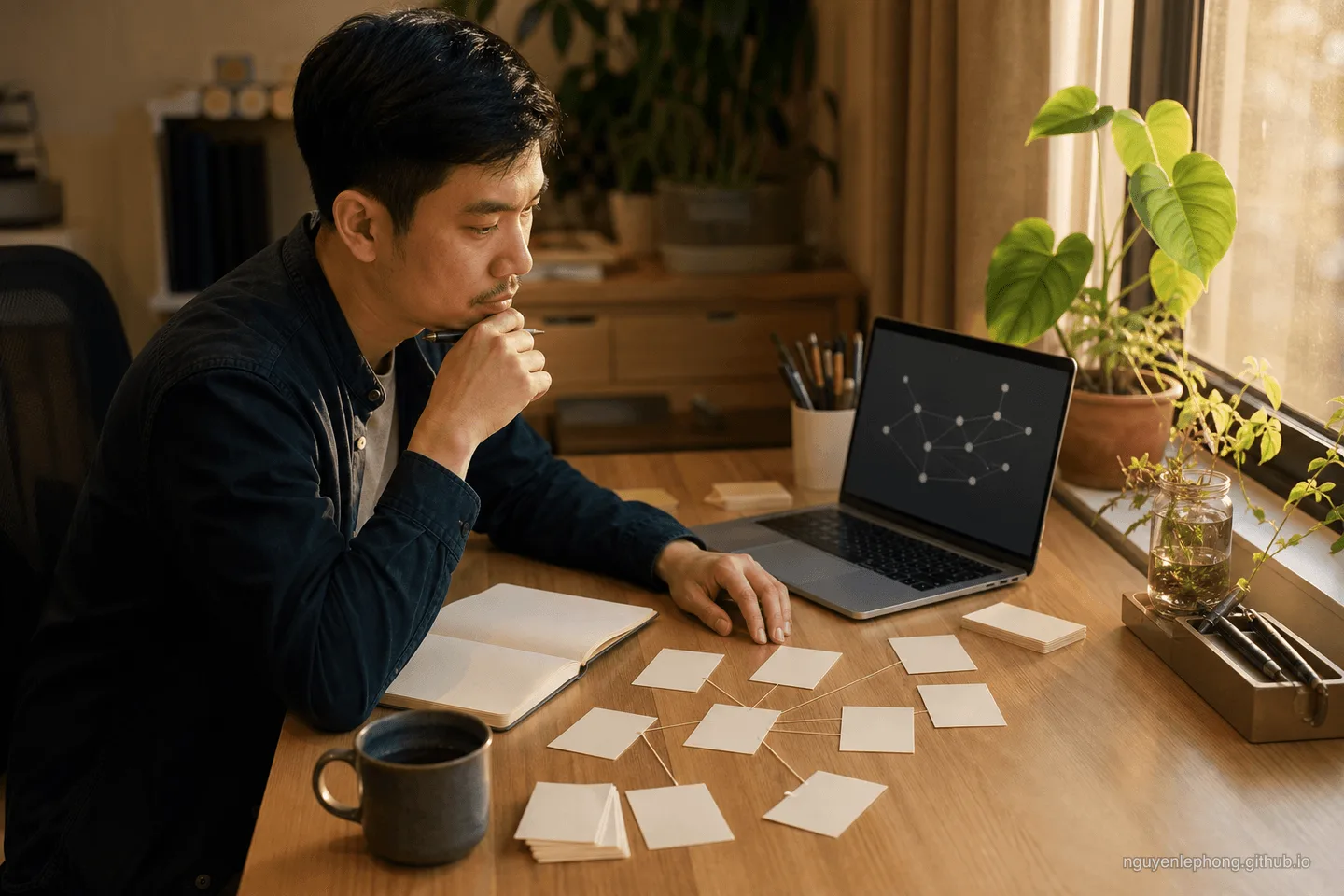 A person pauses over blank note cards connected on a desk while an abstract graph sits open on a laptop.