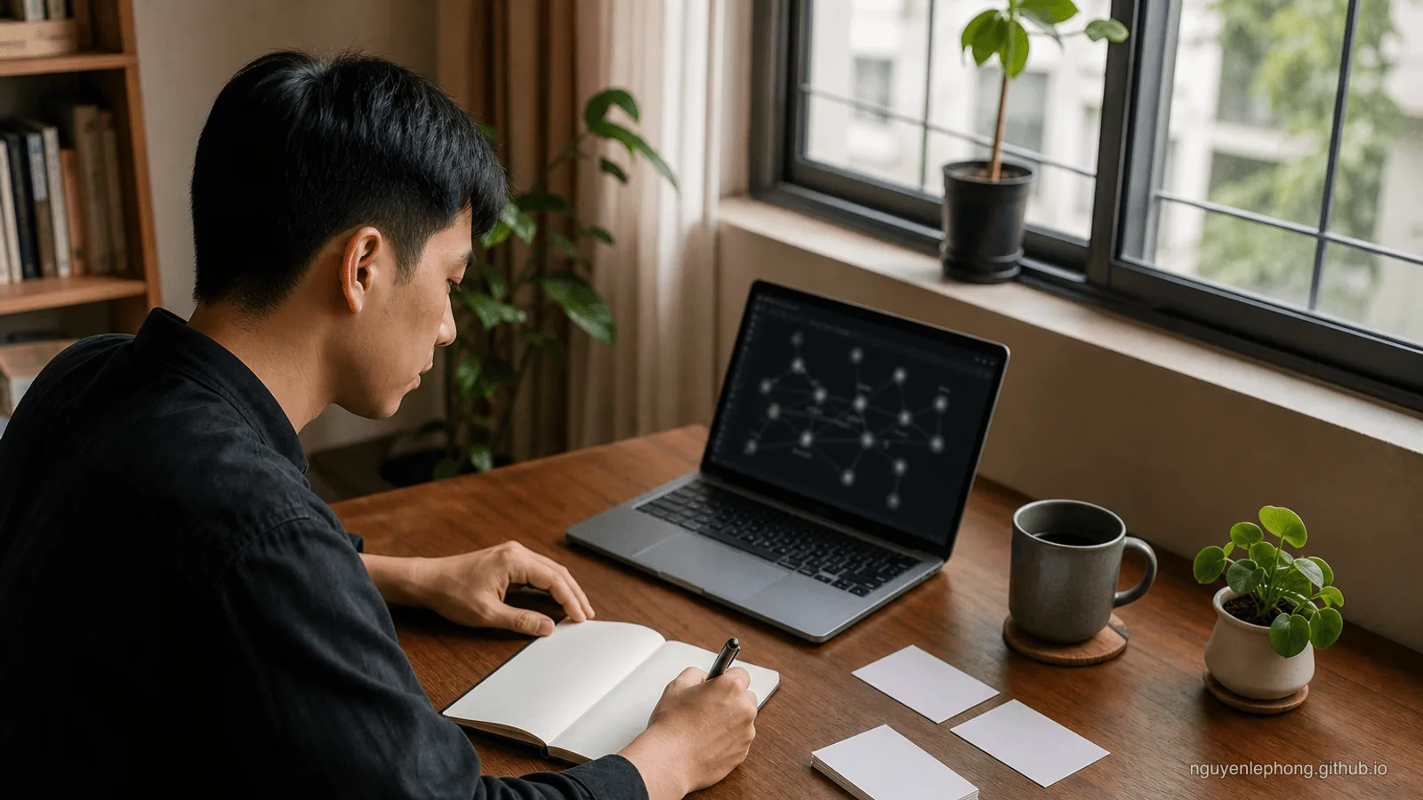 A Vietnamese professional writes beside a laptop showing an abstract note graph, with blank cards and plants on a warm desk.