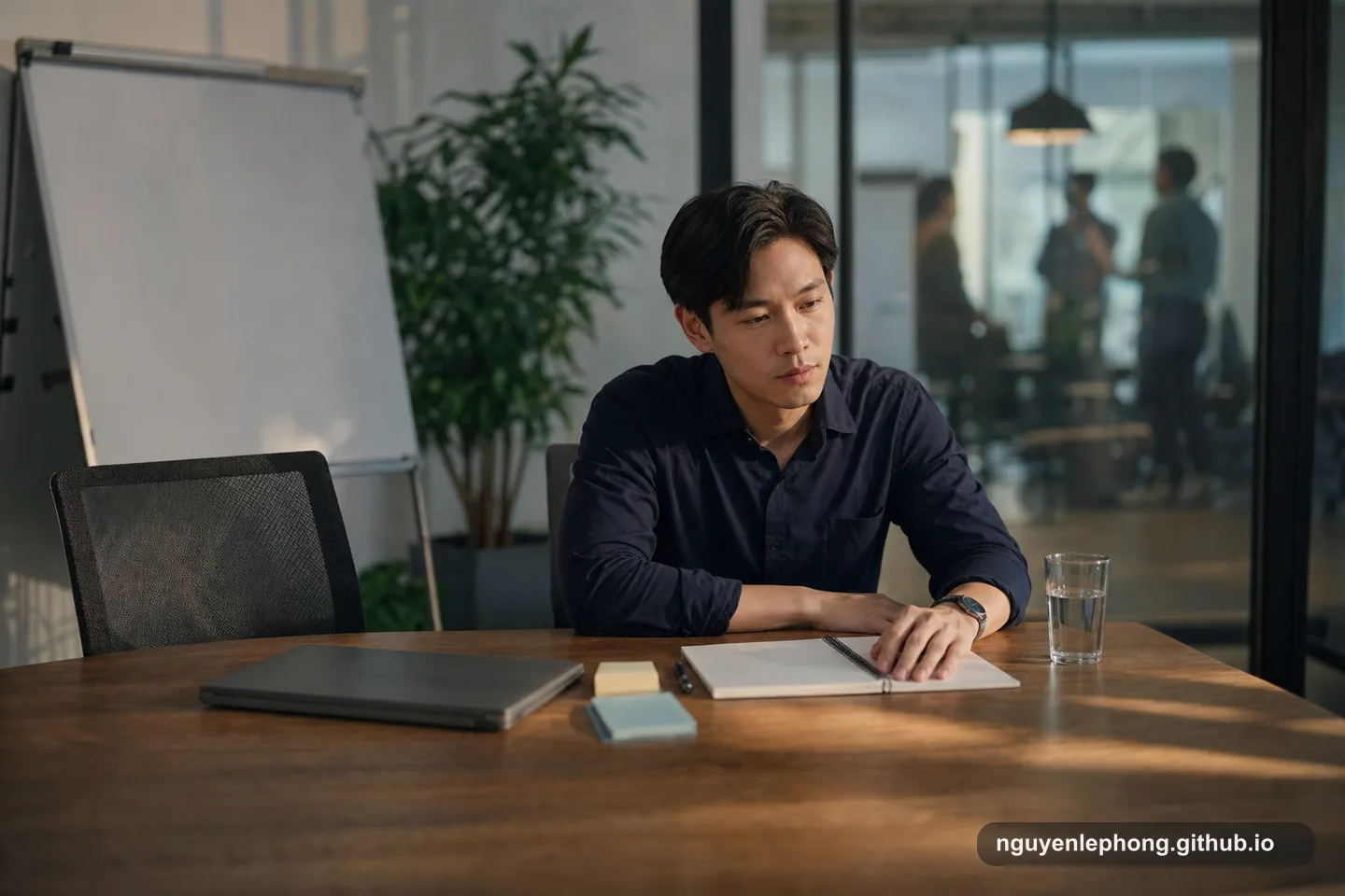 A Vietnamese professional sits quietly after a tense office review, with a closed laptop and blank notes on the table.
