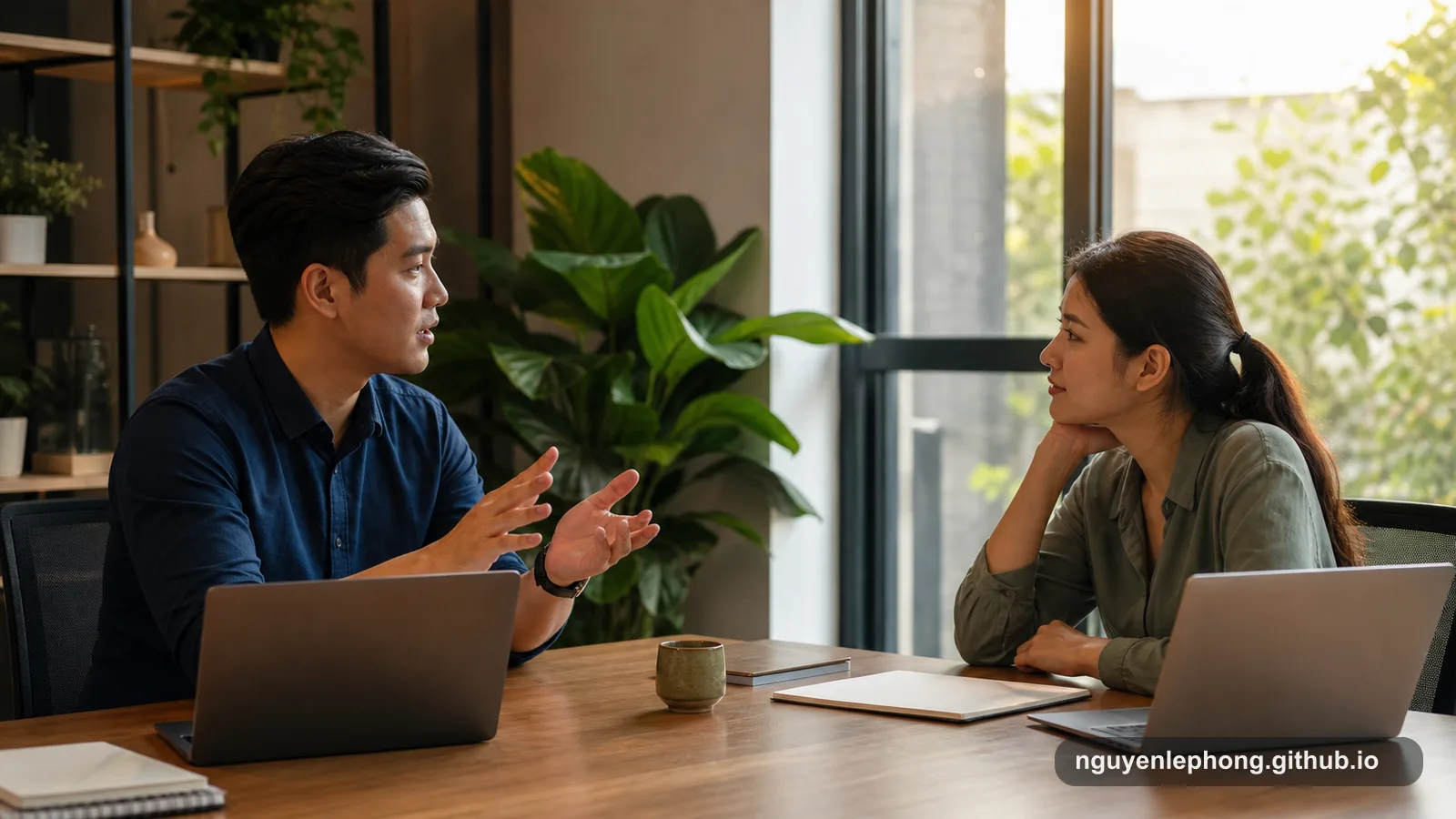 Two Vietnamese coworkers sit at a warm office table, listening carefully during a calm one-on-one conversation.