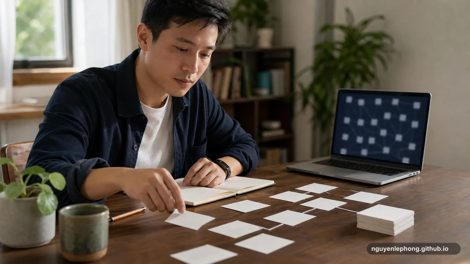 Một người làm việc Việt Nam sắp lại các thẻ ý tưởng trống bên sổ tay và laptop hiển thị một lưới trừu tượng cố định.