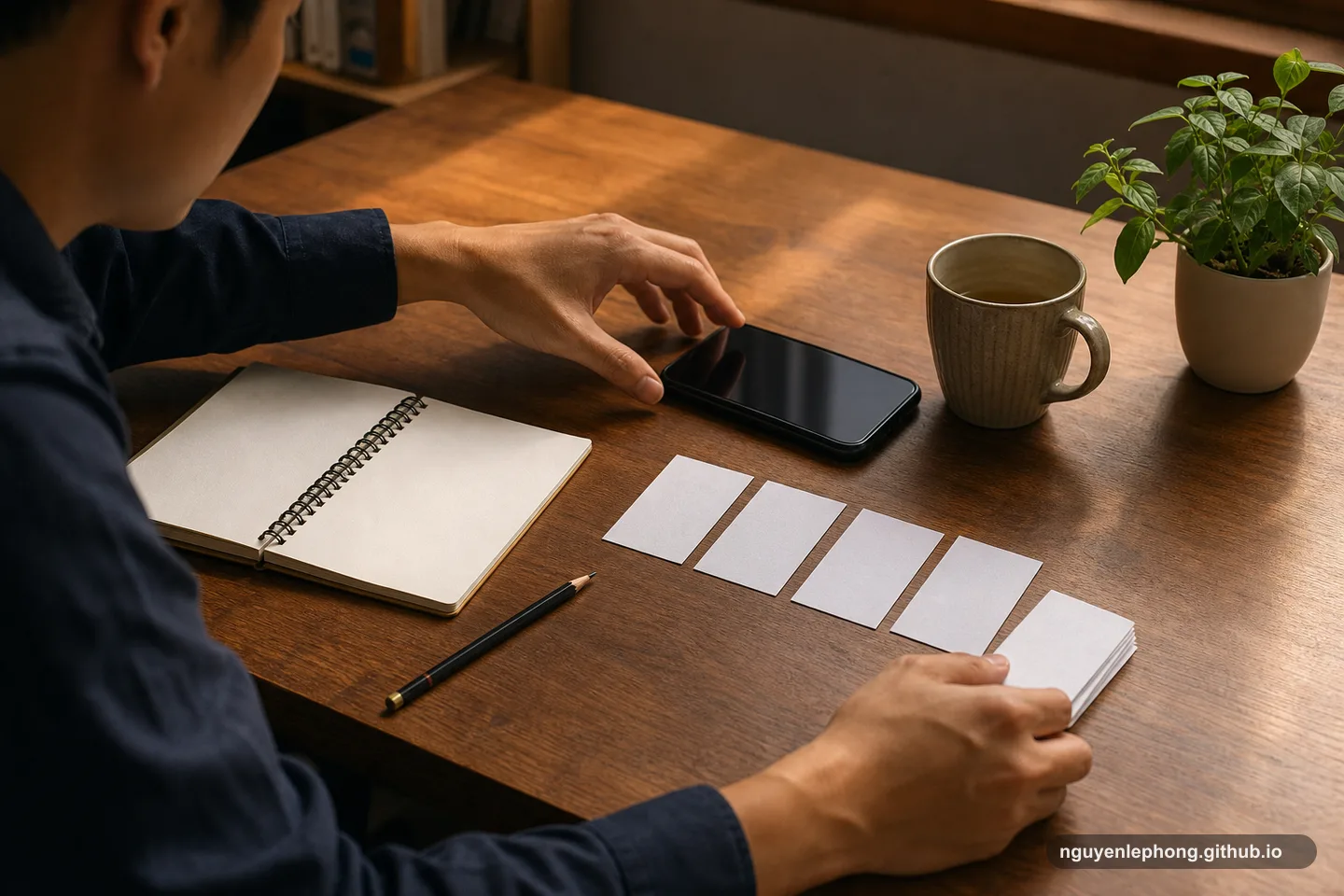 Một bàn tay chạm tới màn hình điện thoại trống trong khi các thẻ trắng rời được gom thành một xấp gọn trên bàn gỗ.