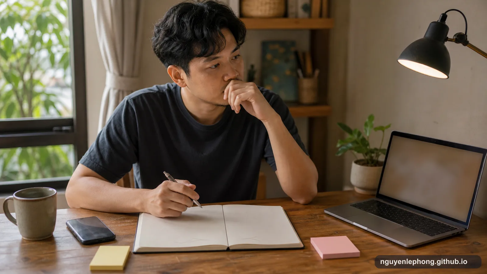 Một người Việt Nam dừng lại trước cuốn sổ pros-cons còn trống trên bàn gỗ, bên cạnh laptop và giấy ghi chú.