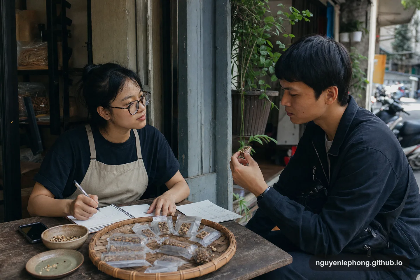 A young Vietnamese founder offers a small batch of handmade snacks to a customer while taking notes, using real reactions to learn what to make next.