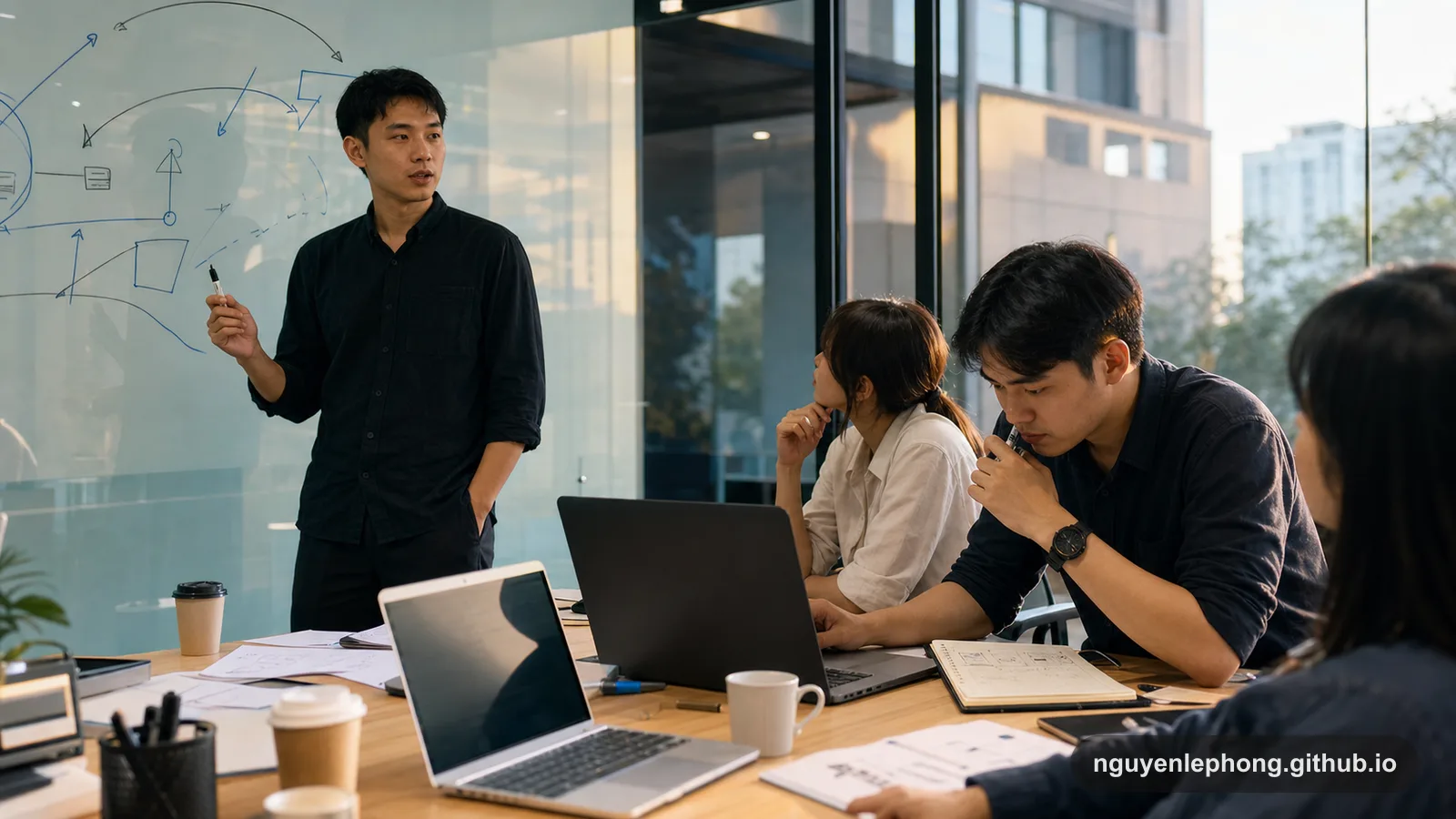 A Vietnamese product team pauses between fast experimentation and first-principles reasoning, with one teammate sketching on a glass board while another studies a laptop and notes.