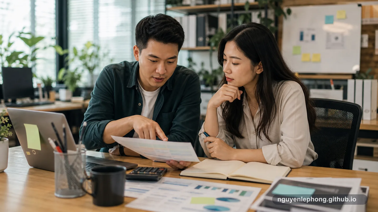 Two Vietnamese office workers review a payslip and benefit documents at a desk with a calculator and laptop.