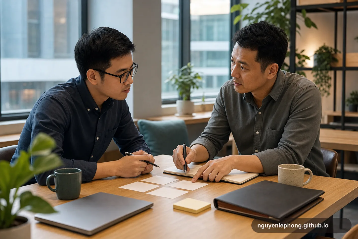 Nguyen Le Phong has a calm career conversation with a mentor over blank notes, a laptop, and simple evidence cards.