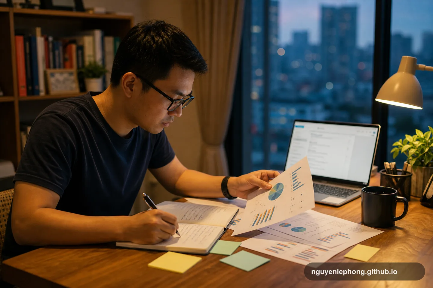 Nguyen Le Phong reviews abstract work evidence at an evening desk with charts, a laptop, and notebook notes.