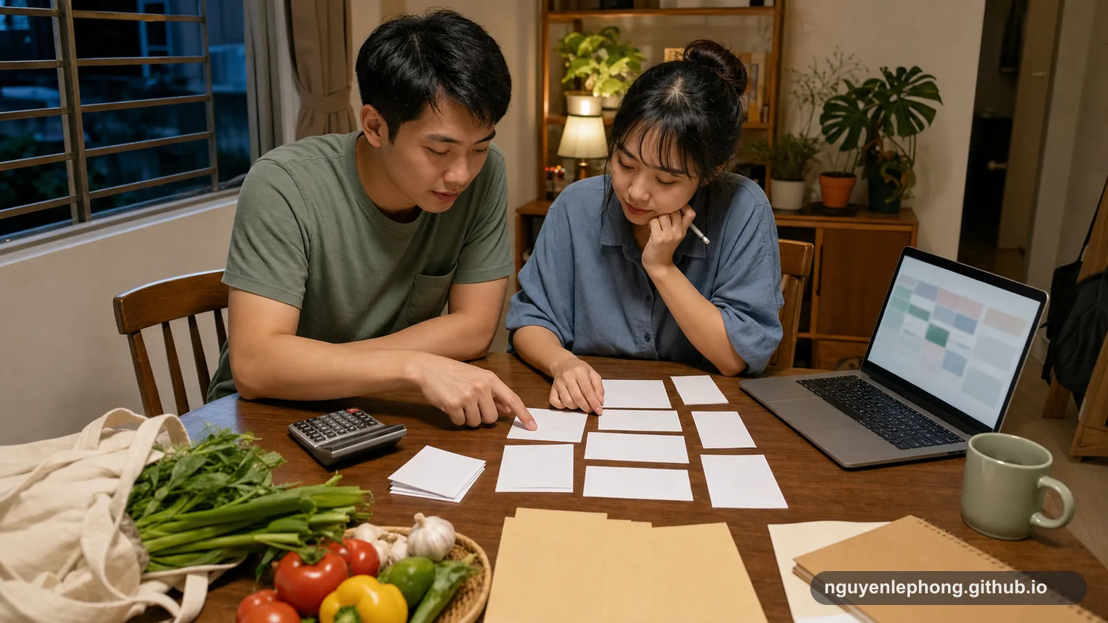 A Vietnamese couple arranges blank money-purpose cards beside groceries, a calculator, and a laptop to make everyday costs visible.