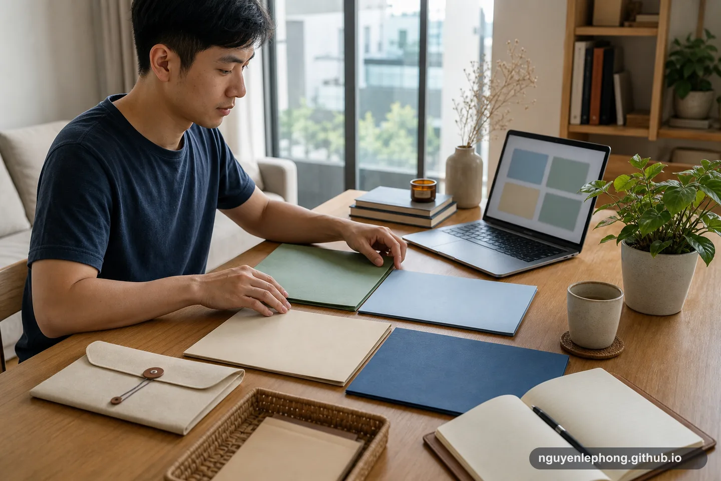 Nguyen Le Phong sorts plain folders for emergency cash, skill growth, spending awareness, and investing at a home desk.