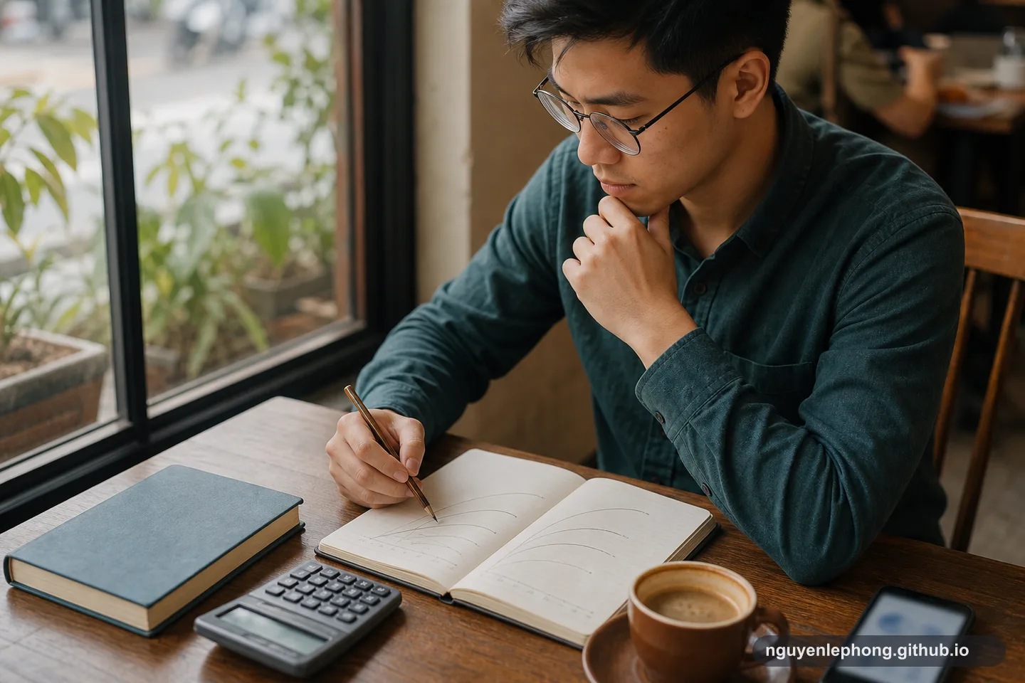 Nguyen Le Phong reviews a notebook of abstract curves in a cafe, using time and compounding to think about inflation without readable figures.
