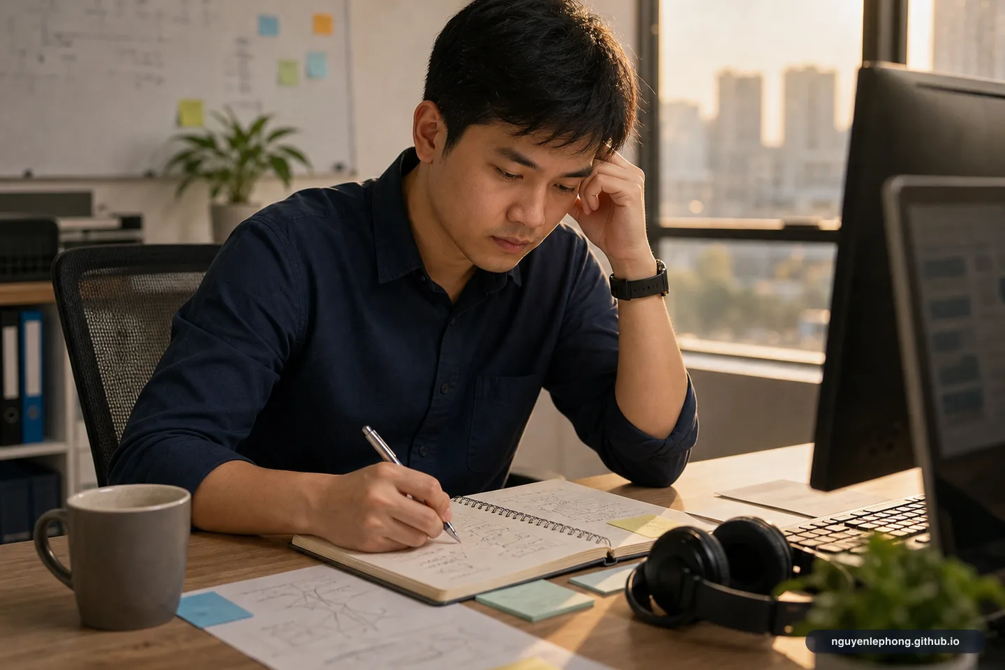 A young Vietnamese professional sits at his desk at sunset, turning a frustrating workday into notes, sketches, and clearer next questions.