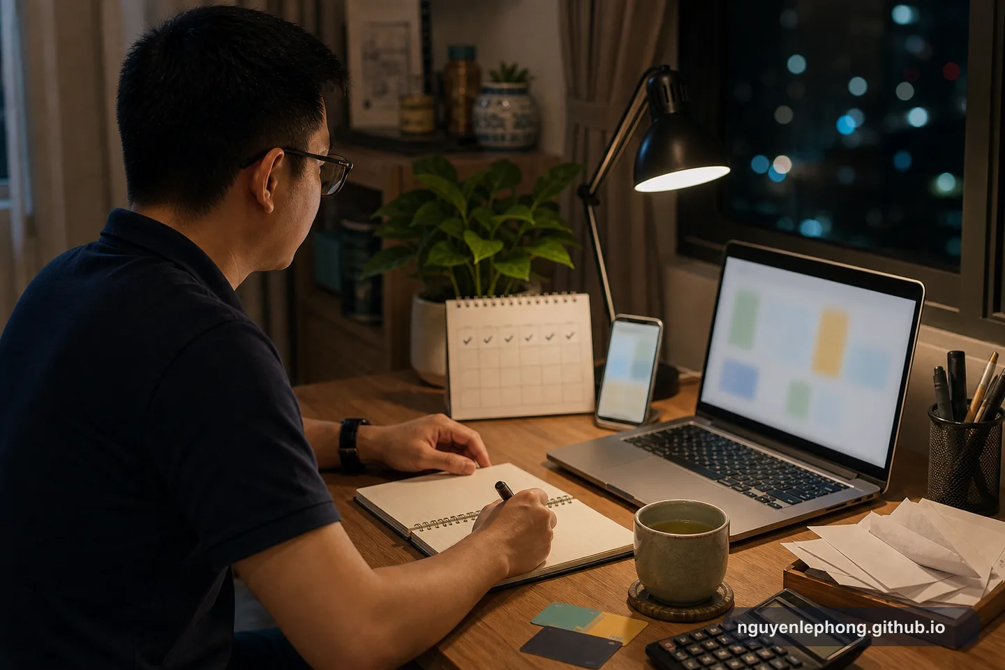 Nguyen Le Phong ngồi bên bàn tối, xem lại sổ trống cạnh laptop và điện thoại được làm mờ để điều chỉnh ngân sách tháng một cách bình tĩnh.