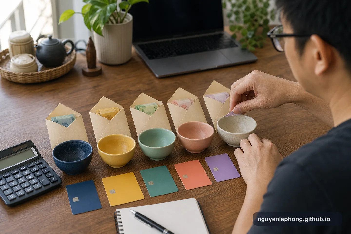 Đôi tay sắp xếp phong bì, bát nhỏ và thẻ ngân hàng riêng biệt trên bàn gỗ để mỗi mục đích tiền có một chỗ nhìn thấy được.