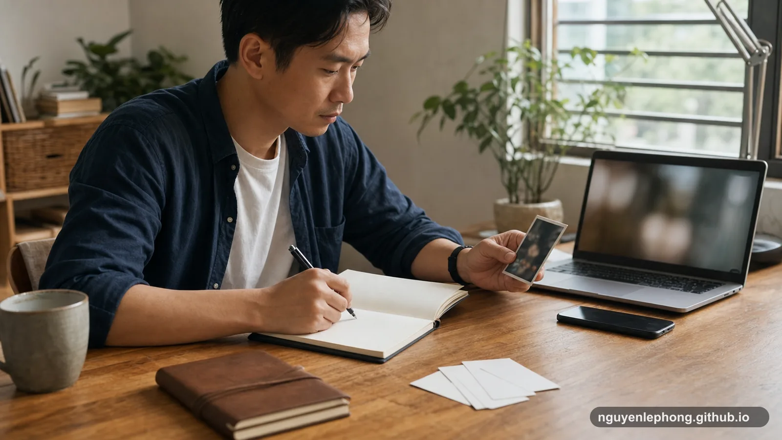 Một người Việt Nam viết trong cuốn sổ trống trên bàn gỗ, tay cầm một tấm ảnh cũ được làm mờ bên cạnh laptop.