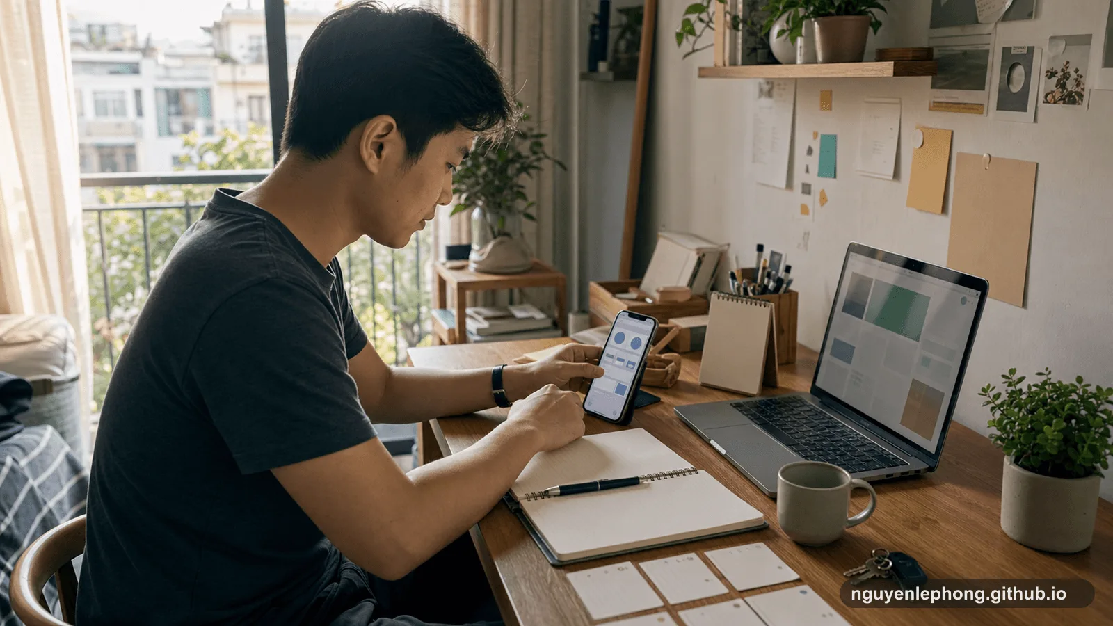 Một người Việt Nam xem các tín hiệu trừu tượng trên màn hình đầu tiên cạnh sổ tay và laptop ở bàn làm việc tại nhà.