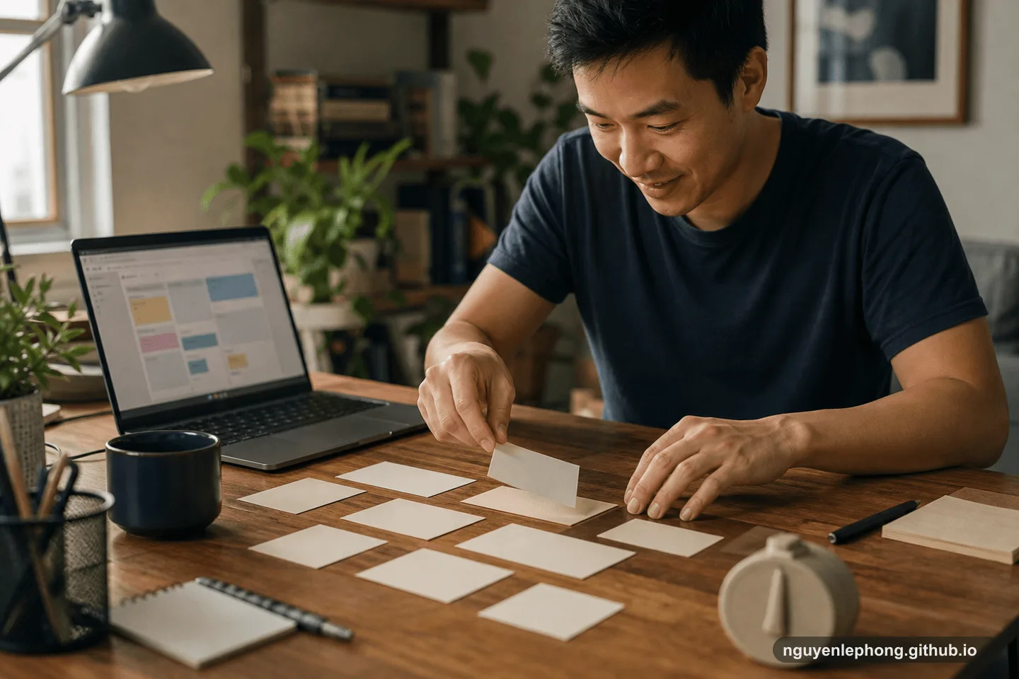 Một người Việt Nam chuyển một thẻ việc trống từ backlog cá nhân vào vùng tập trung bên cạnh bảng laptop trừu tượng.