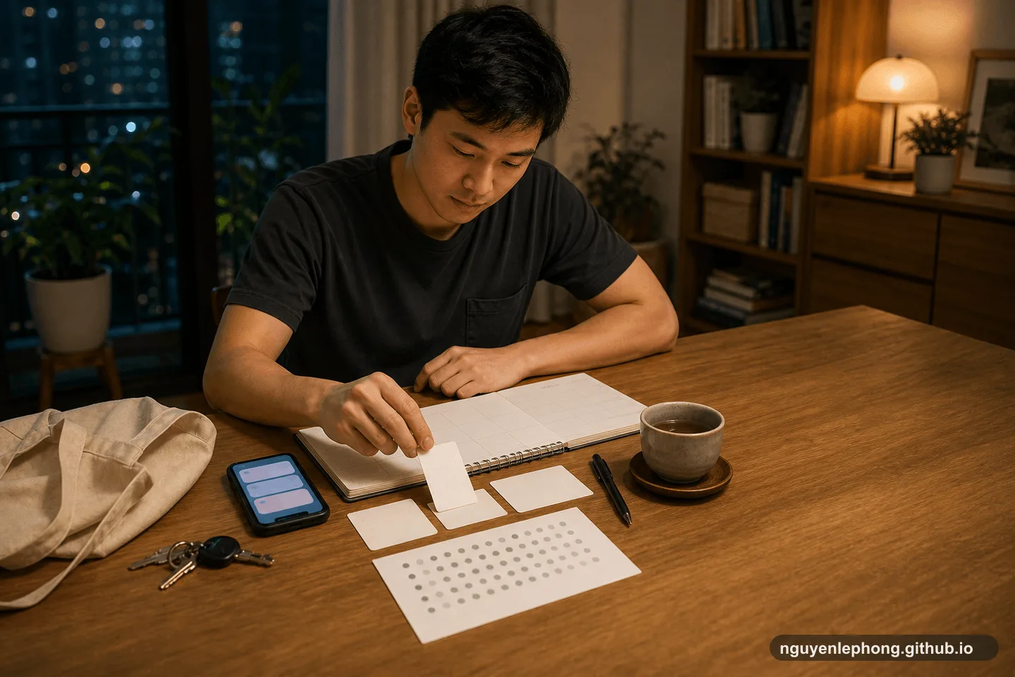 Một người Việt Nam xếp các thẻ review trống cạnh planner, điện thoại, chìa khóa và túi đi chợ vào buổi tối.