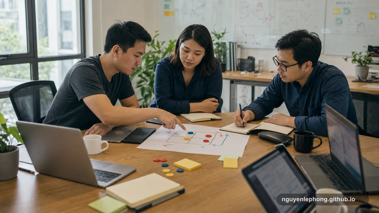 Ba đồng nghiệp đặt token màu lên một bảng quyết định trống để nhìn rõ incentive trong một tình huống công việc.