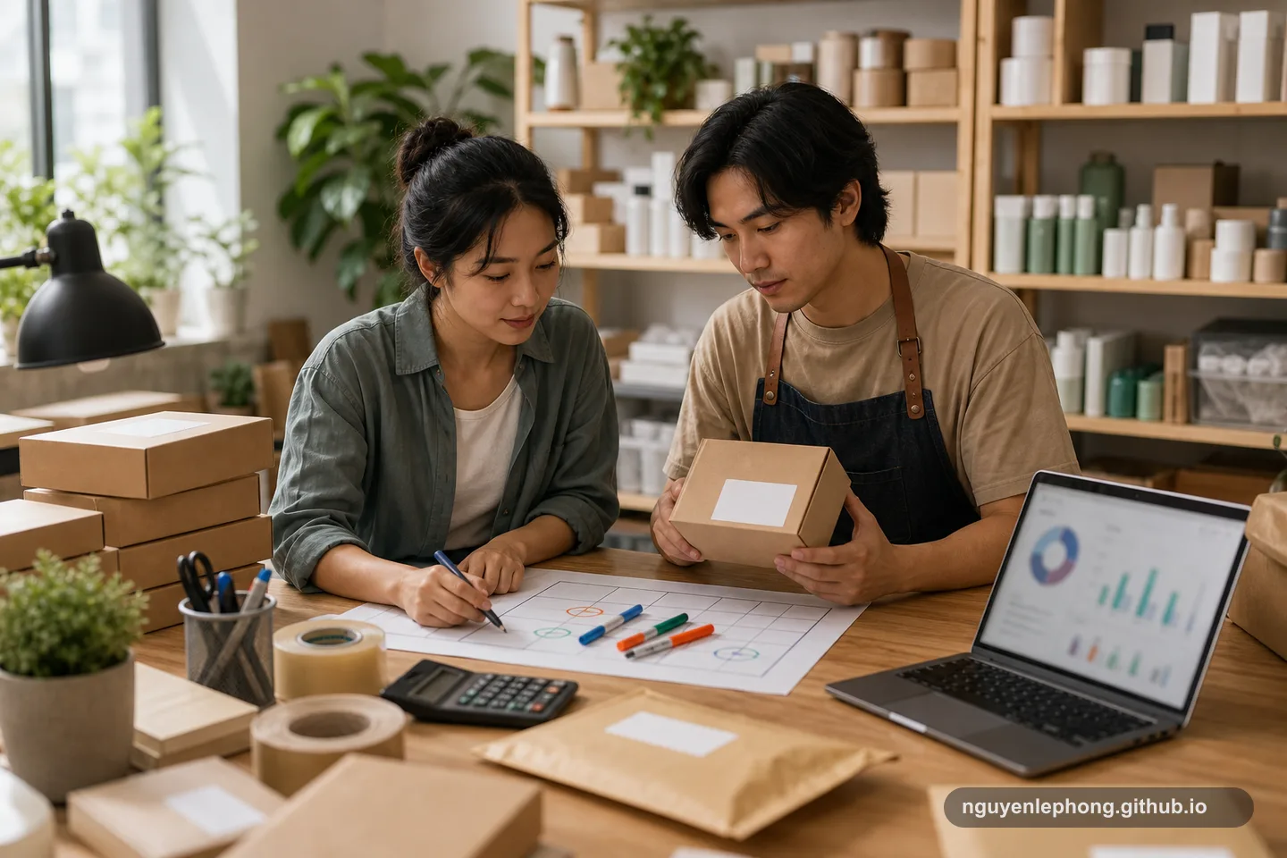 Hai người bán hàng online Việt Nam cùng xem kiện hàng, chi phí và tín hiệu niềm tin trên bàn đóng gói.