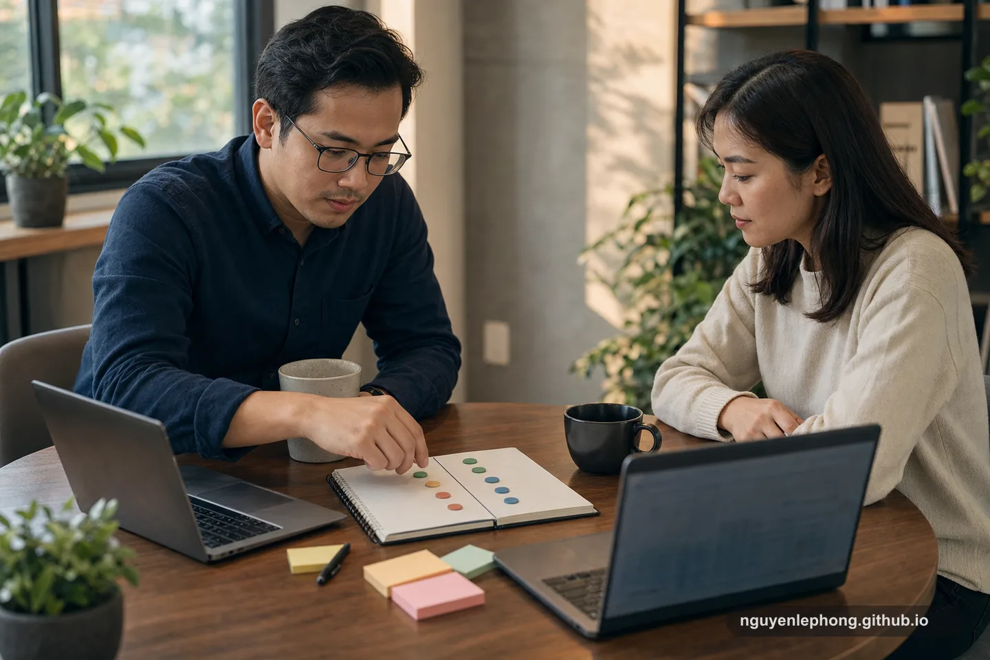 Hai đồng nghiệp Việt Nam cùng xem lại notebook chung sau một cuộc trao đổi cần niềm tin và ranh giới rõ ràng.