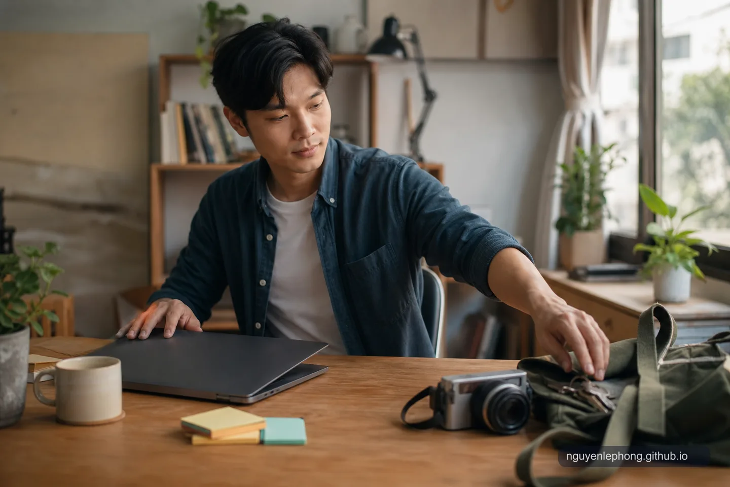 A Vietnamese professional closes a laptop and reaches toward a small bag with a camera and keys on a home-office desk.