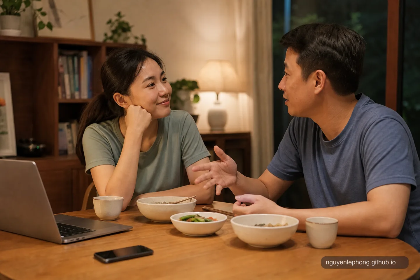 Two Vietnamese adults share a quiet dinner conversation while a laptop sits pushed to the side of the table.