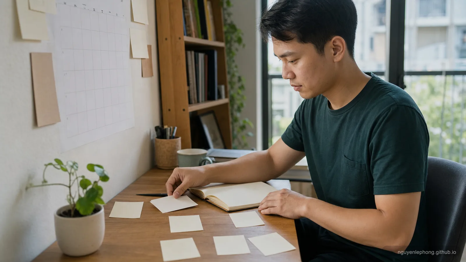 A focused professional reviews blank note cards and a notebook before choosing the next action.