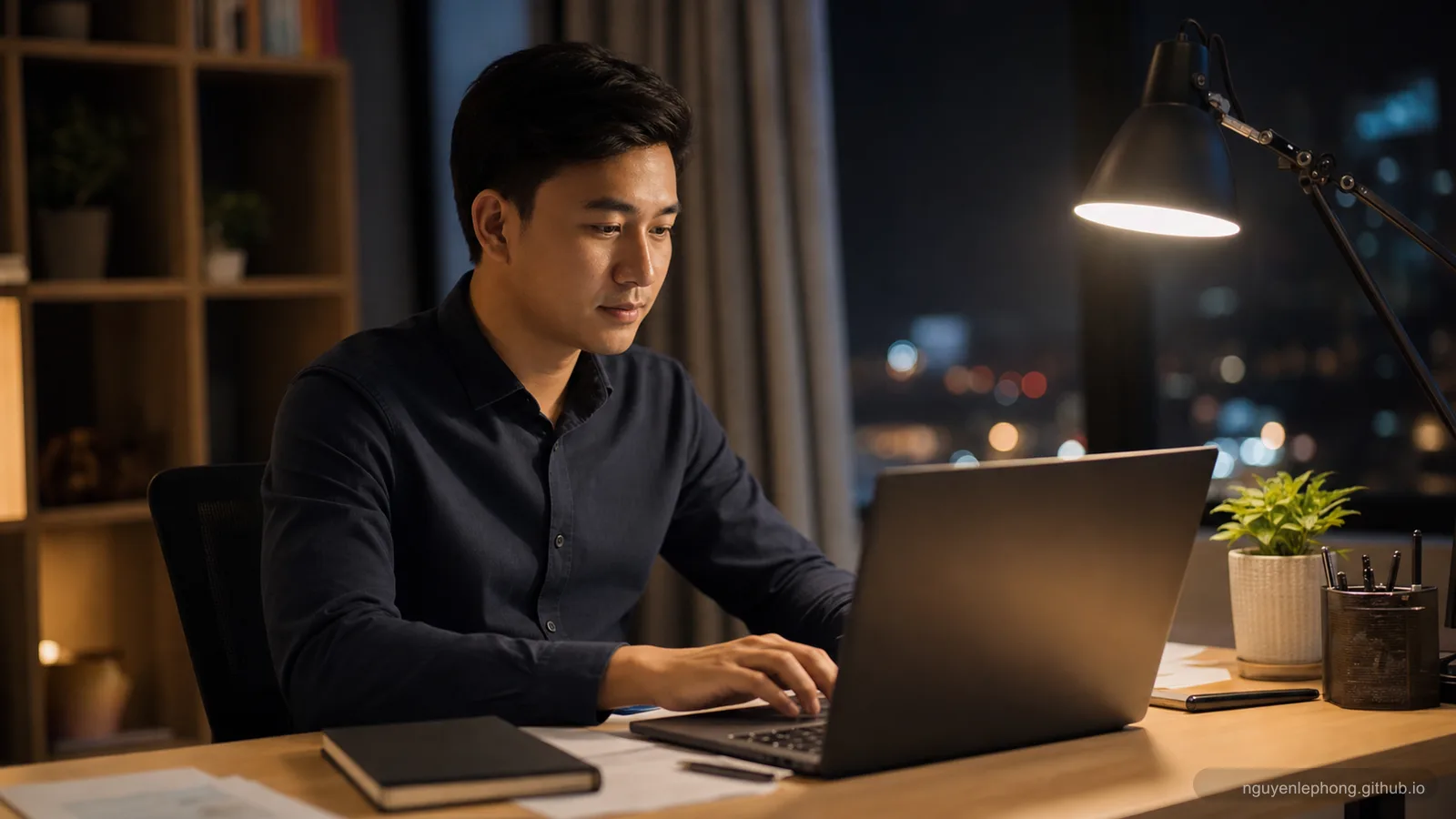 A professional works under a desk lamp with a closed notebook beside the laptop, following through after the decision is made.